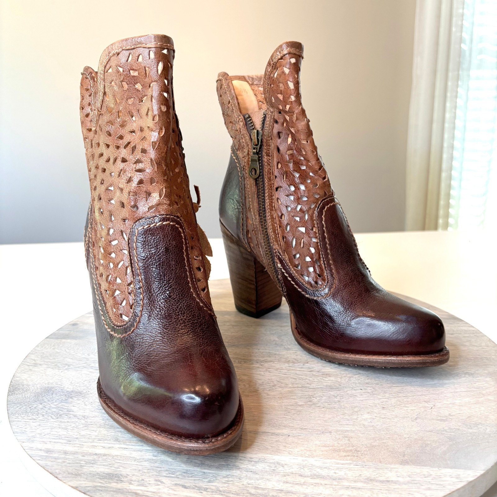 Bed Stu Perforated Leather Ankle Boots Laser Cut Stacked Heel Rustic Women's 8.5
